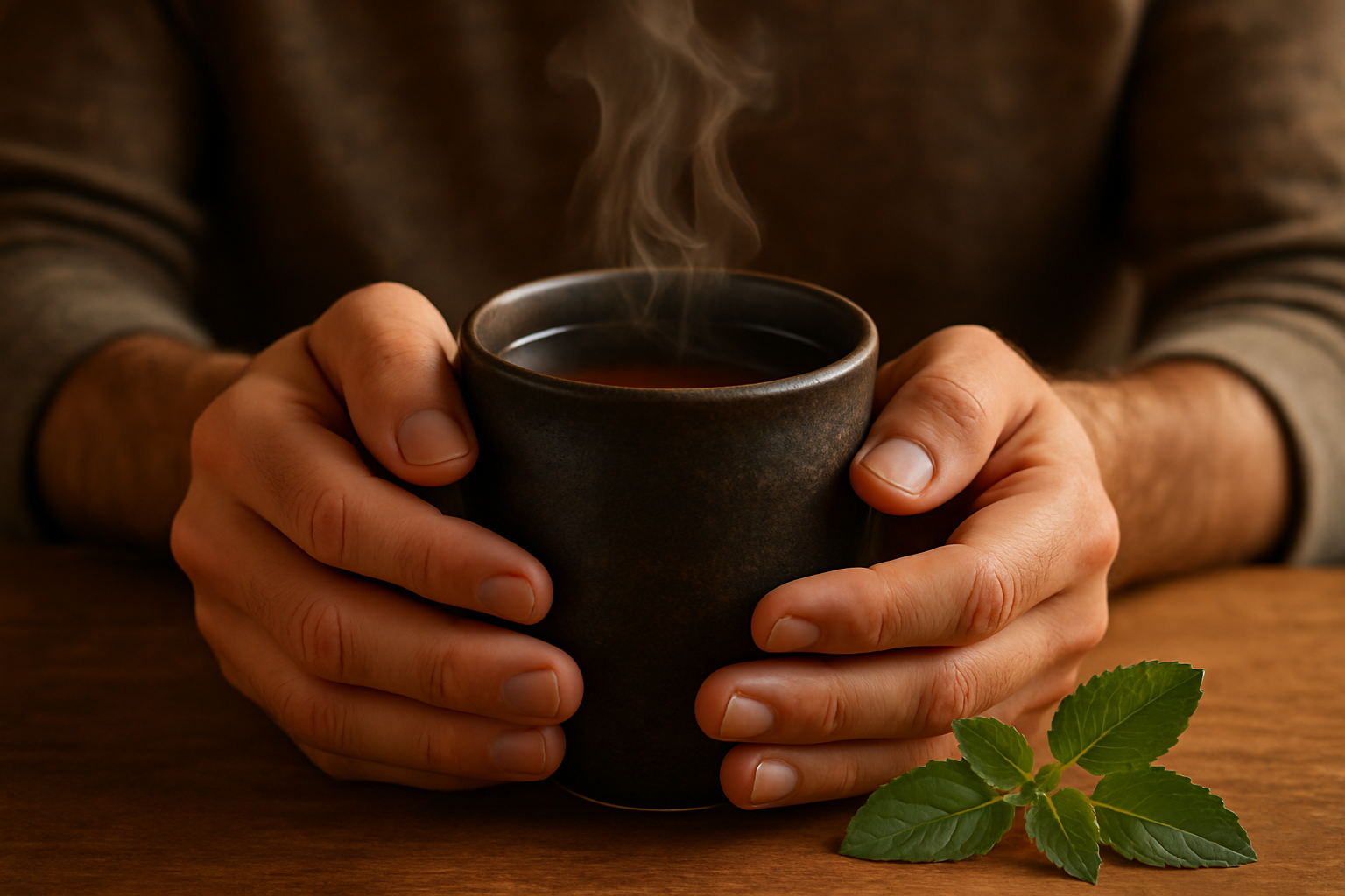 a image of mans hands holding a mug of tea, steaming. the mug is earthy dark brown almost black. with tulsi leaf next to him