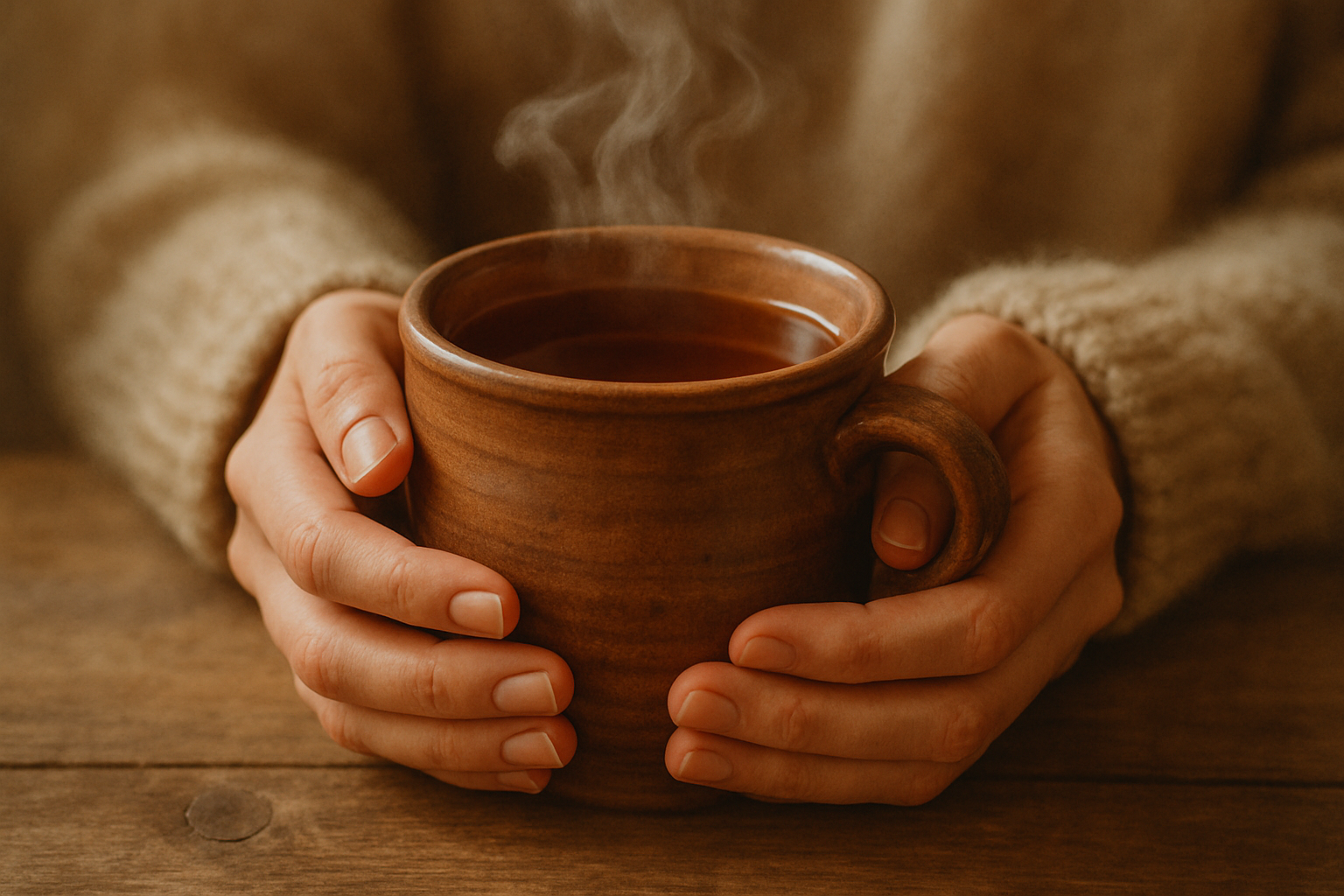 tea in a clay mug, earthy tones, steam coming out. hands gently on the mug. 